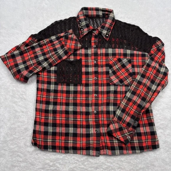 Miss Me Flannel Western Button Women S Plaid Studded Crochet Lace Cowgirl Rodeo - Picture 2 of 14